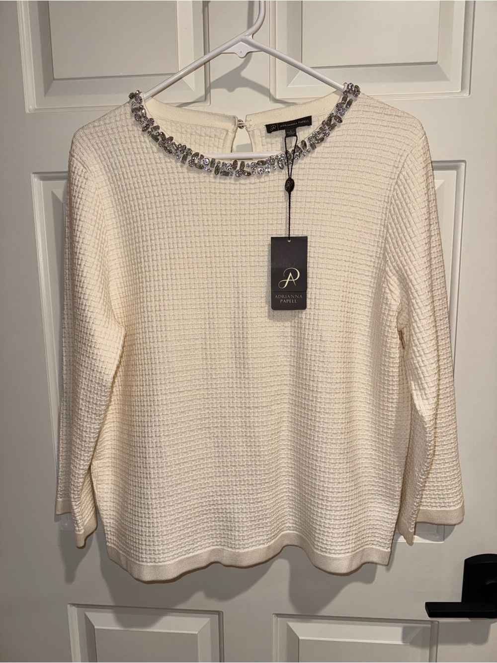 NWT Adrianna Papell Cream Rhinestone Embellished Neck Waffle Knit Top large